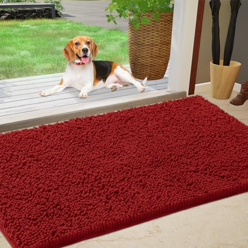 IM HOME Chenille Absorbent Outdoor Doormat 30" x 20", Washable Muddy Door Mats for Dog Non Slip Indoor Doormat Dog Mat for Muddy Paw Front Inside Doormats for Entryway Red Burgundy
