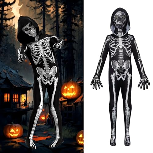 Ayucanpeng Disfraz Esqueleto para Niños, Mono de Esqueleto para Niños, 3D unisex para niños,con Máscarapara Halloween Navidad Carnaval Cosplay (150)