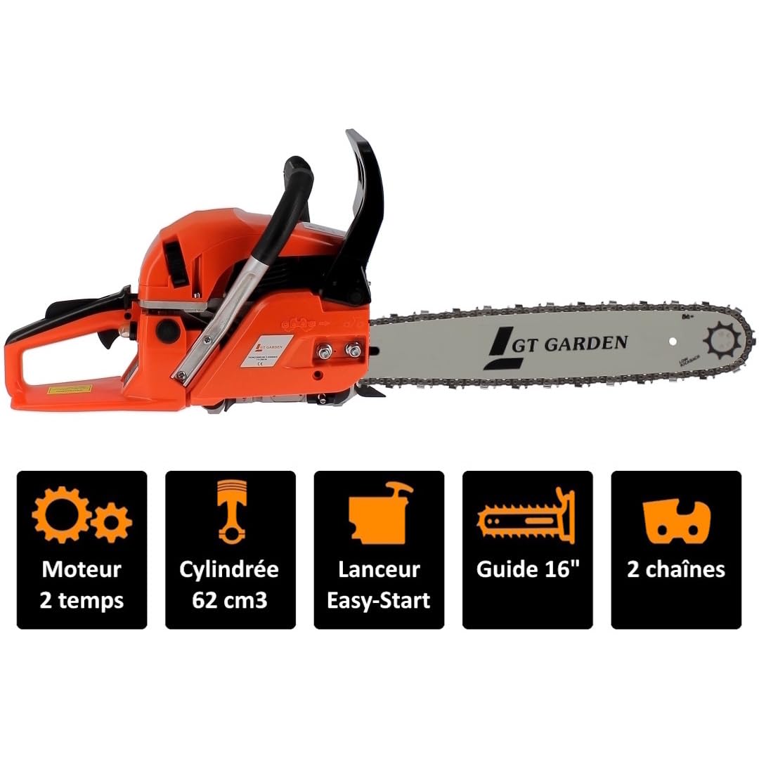 GT Garden - Motosierra térmica (62 cm3, 3.5 CV, guía 40 cm, 2 cadenas)