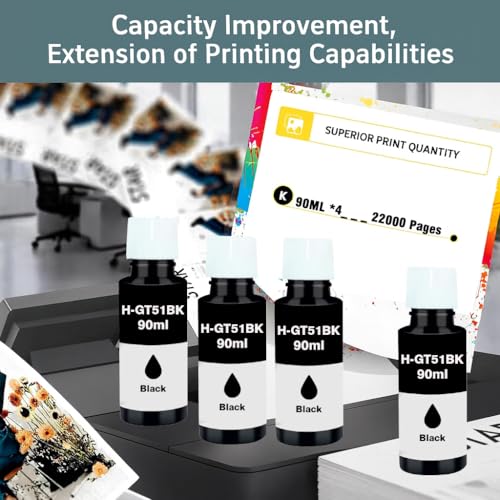 Image of KOSH Refill Ink Bottle Compatible for HP Deskjet 5810,5811,5820,5821,5822, Inktank Wireless 310,315,316,319,410,415,416,419,Smart Tank 115,500,510,515,516,720,750,790 Printers (4, GT51 90MLx 4)