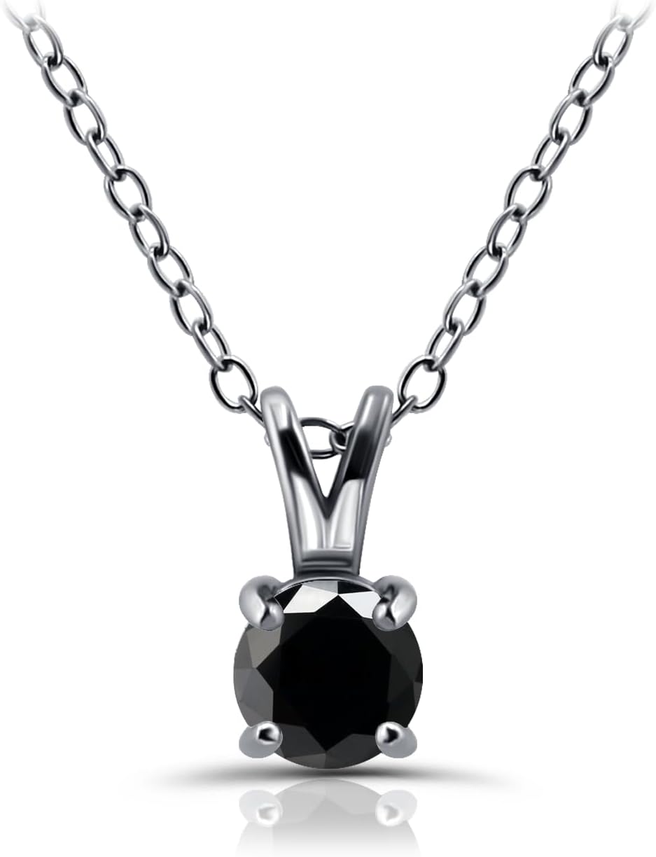 Hoops & Loops 925 Sterling Silver Black Cubic Zirconia Round Solitaire Necklace for Women Men, Silver, Yellow Gold, Rose Gold