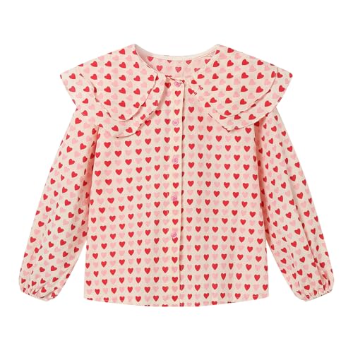 LittleSpring Little Girls Button Down Shirt for Kids Peter Pan Collar Heart Printing Blouse Long Sleeve Valentine's Day Tops Pink Size 7-8