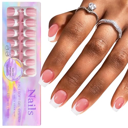 BeauFairy Francesa Puntas de Uñas Postizas, 150 Piezas Uña Falsa Artificial de Acrílico Puntas, Soft Gel Puntas de Uñas, para Extensiones de Uñas, Nail Tips Cobertura Total para Manicuras DIY, 021