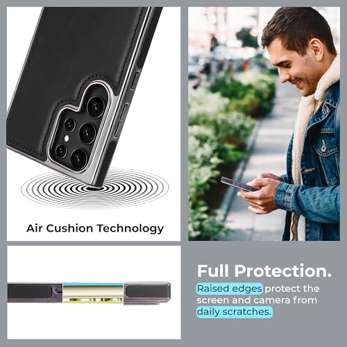 Image of PULOKA Chrome Leather Back Case - Compatible with Samsung Galaxy S25 Ultra - Luxury Bumper Case - Flexible Vegan Leather - Electroplated Sides - Full Camera Protetection & Raised Edges - Black
