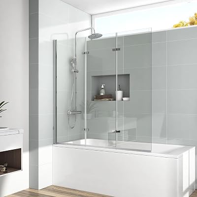 EMKE Duschwand für Badewanne, dreiteilig faltbar, 130 x 140 cm, Sicherheitsglas mit Nano-Beschichtung
