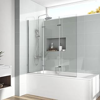 EMKE Duschtrennwand für Badewanne 130x140 cm, Duschwand für Badewanne Faltbar Faltwand Duschabtrennung Badewannenaufsatz 3 teilig 6 mm Sicherheitsglas Duschwand Badewannen Badewannenfaltwand