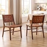 DM Furniture Woven Leather Dining Chairs Set of 2, Mid Century Modern Solid Wood...