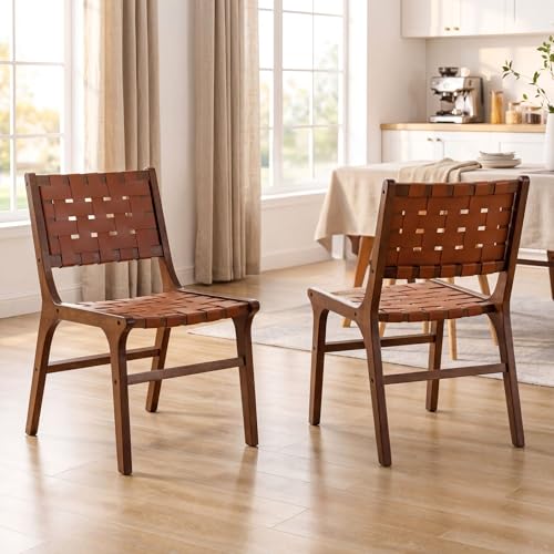 DM Furniture Woven Leather Dining Chairs Set of 2, Mid