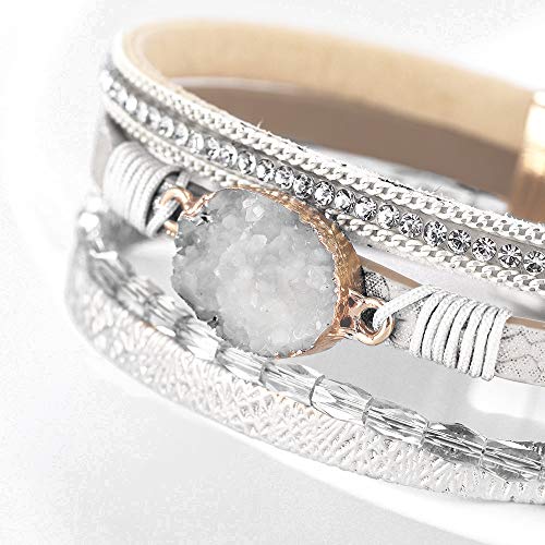 Fesciory Leopard Bracelet For Women, Boho Leather Wrap Multi-Layer Pearl Crystal Bracelet Bangle Jewelry(White Stone(Short)) #TOP3