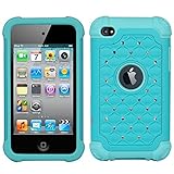 iPod 4 Case, iPod Touch 4 Case, MagicSky [Shock Absorption] Studded Rhinestone Bling Hybrid Dual Layer Armor Defender Protective Case Cover For iPod Touch 4th Generation - Cyan