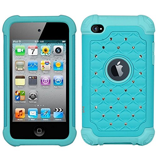 iPod 4 Case, iPod Touch 4 Case, MagicSky [Shock Absorption] Studded Rhinestone Bling Hybrid Dual Layer Armor Defender Protective Case Cover For iPod Touch 4th Generation - Cyan