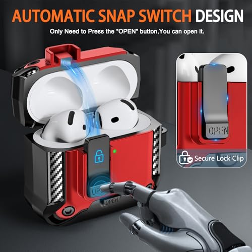 Image of for AirPods 4 Case with Lock & Phone Stand(Red) | Automatic Snap Switch Lock,Carbon Fiber Texture Design Cover with Cleaner Kit
