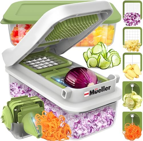 Mueller Pro-Series V Blade Veggie Chopper, Egg Slicer, Spiralizer, Dicer, Cutter, Food Chopper, Gifts for Mom, Kitchen Accessories & Kitchen Essentials with Food Container and Lid White Sand/Green