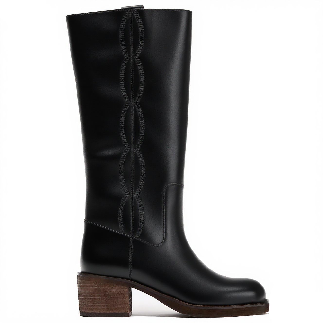 YIYA Womens Knee High Boots Square Toe Wide Calf Chunky Block Low Heels Riding Long Boots Pull On