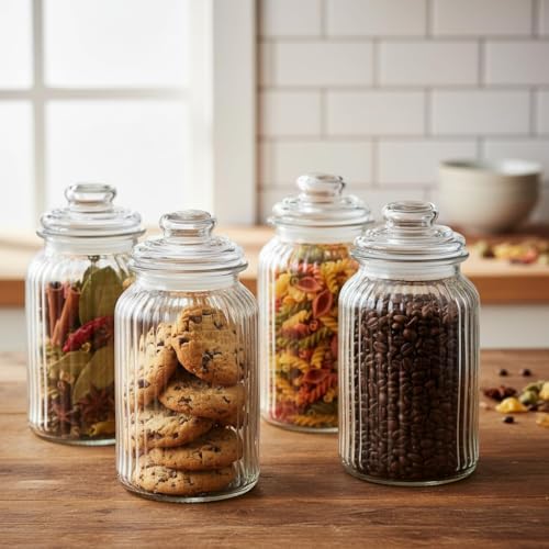 Image of STAR WORK 1500ml Airtight Glass Jar for Kitchen Storage, Clear Ribbed Glass Canister with Lid for Coffee Beans Sugar Tea Cookies Dry Food, Reusable Pantry Container (4)