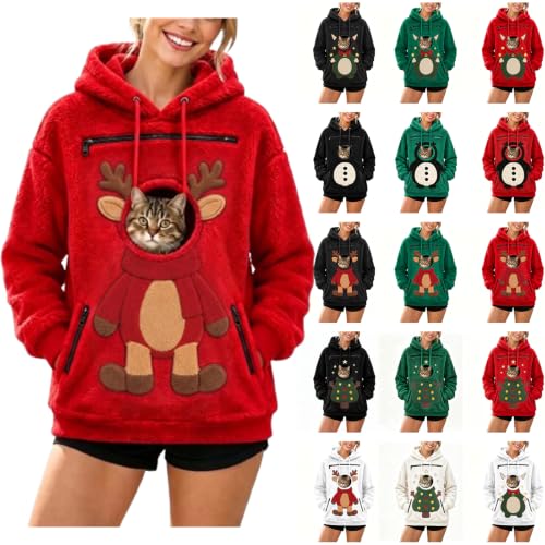Christmas Sweatshirt for Women Fuzzy Fleece Pet Pouch Hoodie with Dog - image 1