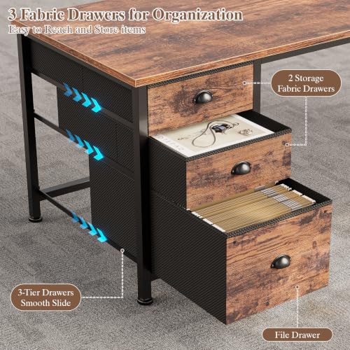 Image of Furologee 55 inch L Shaped Desk with Power Outlets & USB-C Port, Reversible Corner Office Desk with File Drawers, Work Study Gaming Table for Home Office, Dorm, Rustic Brown