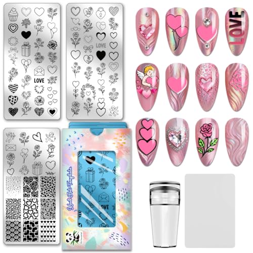 PH PandaHall 3pcs Love Heart Nail Stamping Templates Rose Flower Nail Art Templates Valentine's Day Stencils Angel Stainless Steel Image Plates Tool for Women Print Manicures Salon Design