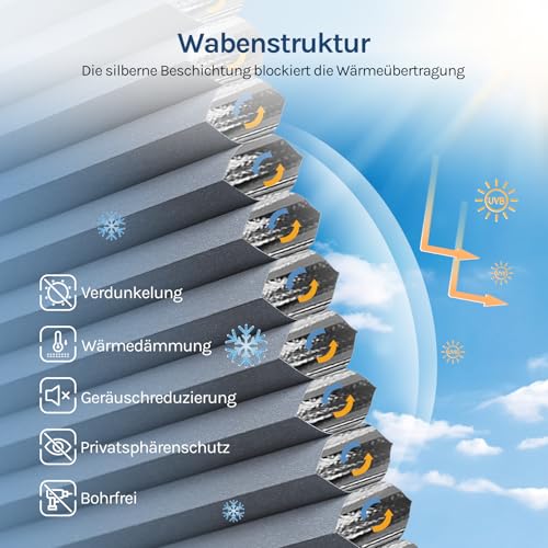 WOLTU Wabenplissee ohne Bohren verdunkelung, 60 x 120 cm, Blau-Weiß – Ansicht 3