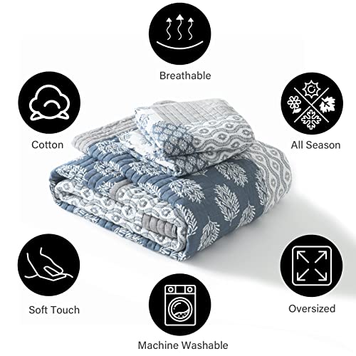 Pangushan Quilt Set Queen Size, 100% Cotton Bedspread Quilt Bedding Set, Patchwork Reversible Floral Quilt For Queen Bed, Blue/Grey/White Bed Spread, Lightweight Comforter For All Season, 3 Pieces #TOP5