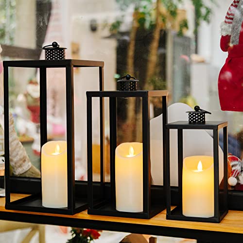 Hpc Decor Black Metal Candle Lanterns Set Of 3- Lanterns Decorative W/ Flickering Timer Candles- 16.5'' 13'' 10'' Chunky Large Modern Farmhouse Candle Lanterns For Indoor, Outdoor, Tabletop (No Glass) #TOP2
