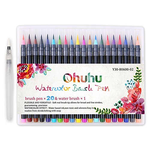Ohuhu 20 Colors Watercolor Brush Marker Pens W/A Water Coloring Brush, Soft Flexible Tip for Adult Coloring Books, Manga, Comic, Calligraphy