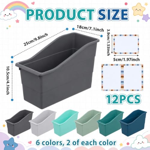 12 Pack Large Book Bins, Durable Magazine Organizer File Holder Quality Plastic Book Storage Bins with Labels for Classroom Library, Office, Desktop Organization,Bookshelf Categorization(Modern color) - Image 2