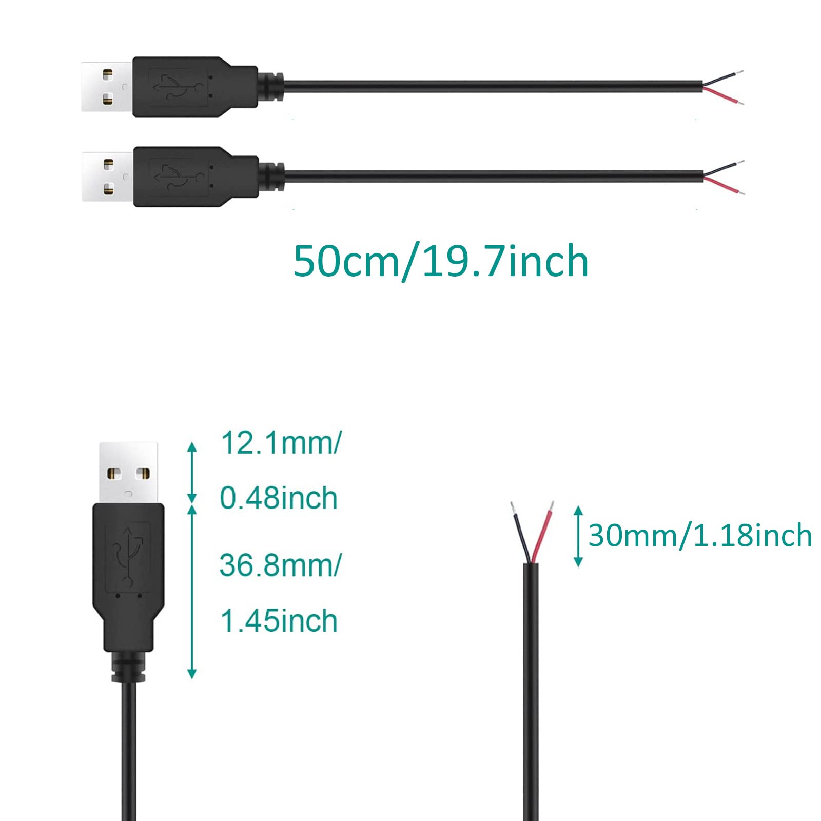 5 Stück USB-Pigtail-Kabel, 2-adrig, 0,3 M – Offene Enden Für Strom, 5V/2A, Rot/schwarz (keine Datenübertragung)