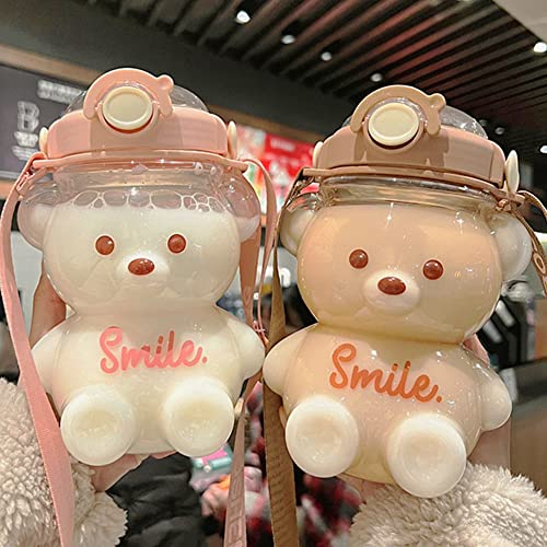 Cute Kawaii Bear Water Bottle With Straw And Strap Portable Leak-Proof Water Bottles With Carrying Loop For Kids Girls Boys Women Outdoor Sports Camping Picnic Travel 34Oz (Purple) #TOP6