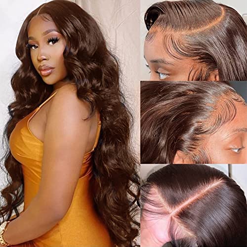 13x4 Auburn BrownBody Wave Lace Front Wigs Chestnut Brown Colored Human Hair Wigs For Black Women HD Transparent Lace Front Wig Human Hair with Baby Hair Bleached Knots(13X4 Lace Front Wig, 24 Inch)