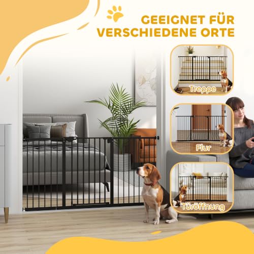 PawHut Türschutzgitter Hunde, Absperrgitter, 74-147,5 cm, Treppenschutzgitter für Haustier, Hundegitter inkl. 3 Verschiedene Verlängerungen, Schutzgitter ohne Bohren, Metall, Kunststoff, Schwarz