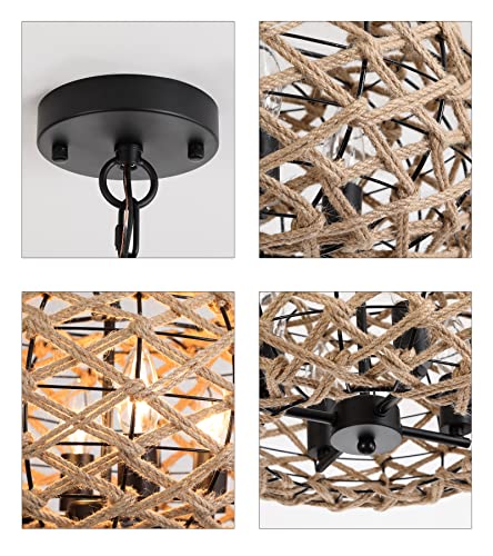 AMZASA Boho Chandelier,Rustic Rattan Basket Woven Hemp Rope Pendant Light Coastal Light Fixture 4 Lights Farmhouse Wicker Hanging Lighting for Dining Table Kitchen Island Bedroom UL Listed - Image 7