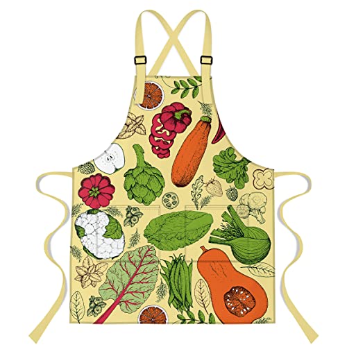 Lshymn Vegetable Apron Vintage Plant Crops Pumpkin Greens Leaves Fruit Apple Pattern Print Bib Apron With 2 Pockets And Adjustable Shoulder Straps 33.4L X 27.5W Inches Wqmlmn14 #TOP20