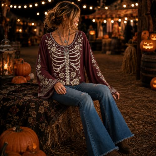Halloween Shirts for Women Vintage Skeleton Bell Sleeve Crew Neck Top - image 3