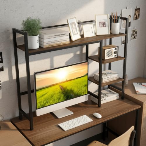 Image of Tangkula 4-Tier Desktop Bookshelf, 38.5 inch Dorm Desk Hutch, Rustic Brown