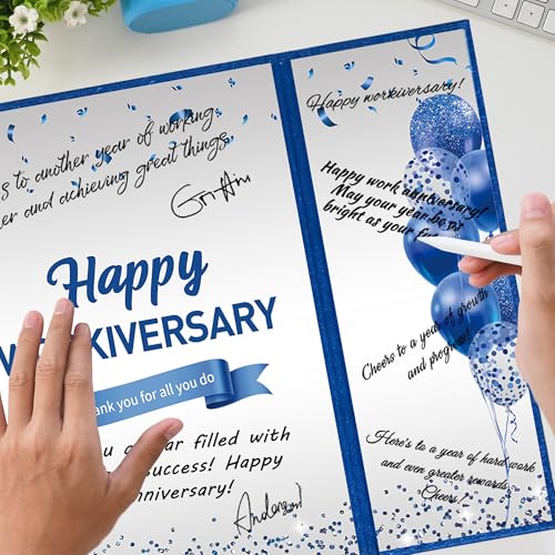 Image of DARUNAXY Blue Silver Happy Workiversary Party Decorations, Navy Blue Happy Work Anniversary Alternative Signature Guest Book for Men Women Employee Business Gifts Signing Card Board for Office Supply