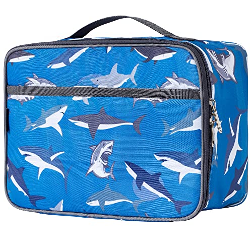 goiealeaes Kids Lunch Box, Insulated Reusable Lunch Bag with Waterproof Liner, Thermal Meal Container Tote for Girls & Boys & Women, Dinosaur Shark unicorn Space Rocket Style... (Shark)