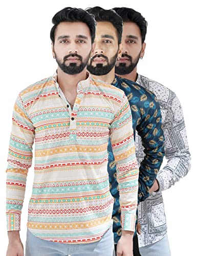 Image of Men's Casual Lycra Digital Print Cotton Blend Regular Full Sleeves with Mandarin Collar Kurta - Combo of 3, Yellow | C3 Y Multi GY