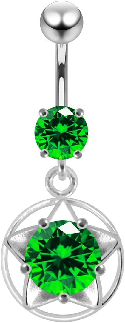 Stylish Star in Round Frame Dangling Design 925 Sterling Silver with Stainless Steel Belly Ring - Belly Button jewelry - Navel jewelry