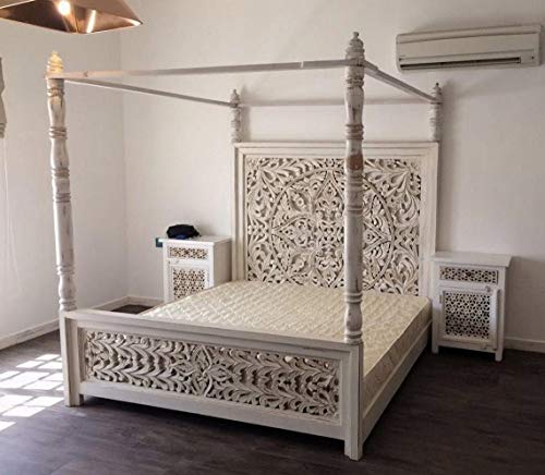 Image of Arman Handicrafts Solid Wood Hand-Carved Four Poster Canopy Bed with Intricate Floral Headboard Design | King Size | White Distressed Finish