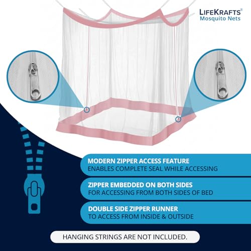 Image of LifeKrafts Bed Mosquito Net - Super King Size Polyester Machardani (7ft x 7ft,Elegant White with Pink Border) | Double Zipper Entry | Washable & Durable Net for Peaceful Sleep