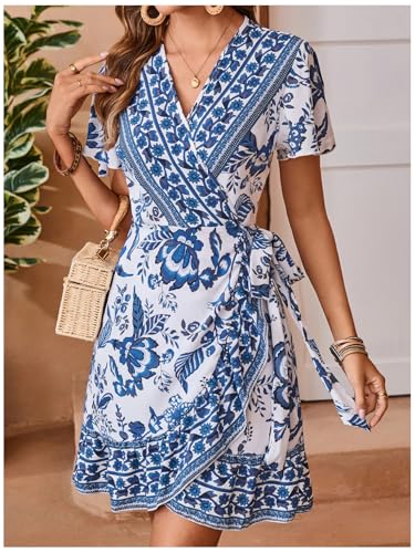 WDIRARA Women's Summer Casual Boho Floral Print Short Sleeve Wrap V Neck Ruffle Hem A Line Dress3
