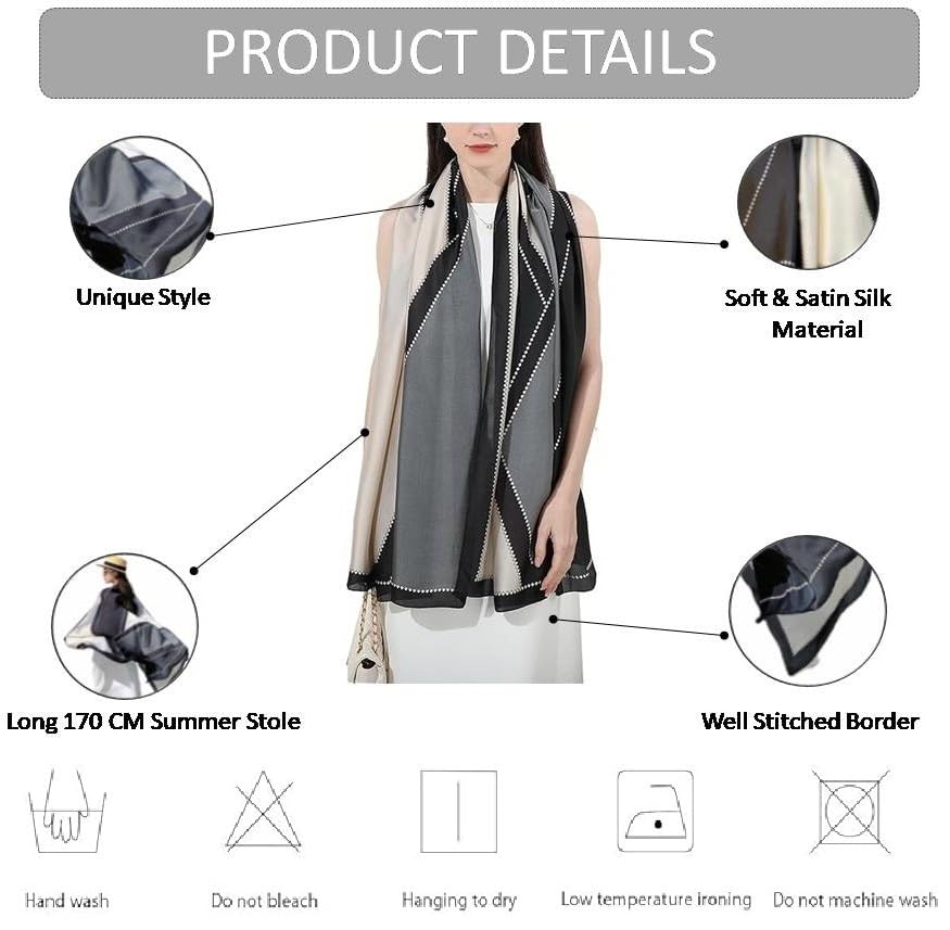 Image of Alexvyan Satin Silk Summer Scarves 170 x 84 cm, Black & Grey Colour with Stitched Border, Lightweight Fashion Scarf for Women Sun Protection Stole