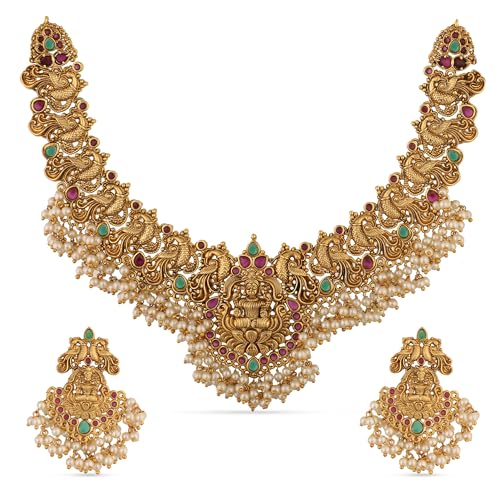 TARINIKA Antique Gold Plated Cira Short Necklace Set with Floral Design - Indian Jewelry Sets for Women | Perfect for Ethnic Occasions | Traditional South Indian Necklace | 1 Year Warranty*