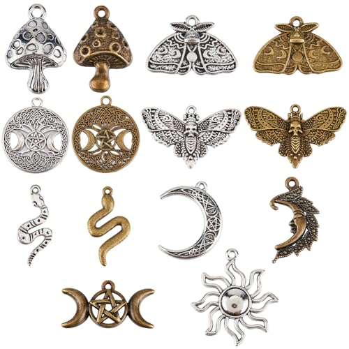 SUNNYCLUE 56PCS 14 STYLES Alloy Tarot Charms Bulk Gothic Charms Tibetan Antique Silver Bronze Divination Magic Moth Butterfly Goth for jewellery Making Diy Earrings Bracelet Necklace