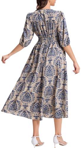 Image of Kormei Women Casual Boho V Neck 3 /4 Sleeve Smocked Waist A Line Flowy Swing Midi Dress Smocked Long Dress