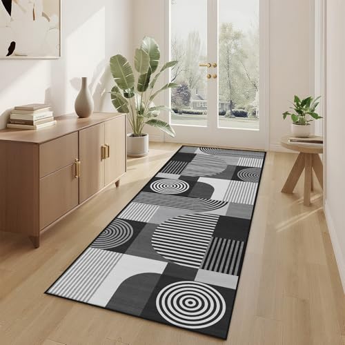 Glocmna Grey Geometric 2x6 Runner Rug for Hallway Kitchen Bedroom Black White Mid Century Modern Machine Washable Rug Non Slip Low Pile Gray Minimalist Runner Rugs Long Floor Mat Carpet for Laundry