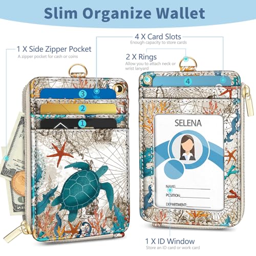 Lanyard Wallet with Id Badge Holder, Sea Turtle RFID Small Keychain Wallet Women Wristlet, Cute Zipper Credit Card Holder Phone Wrist Neck Strap for Key Name Tag, Teacher Student Office Gifts