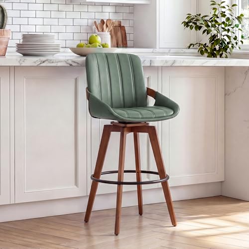 Image of AQG Green Bar Stools 30 Inch Leather Bar Height Stools with Backs, Mid Century Modern Swivel Bar Chairs, Upholstered Barstools Wood Frame for Kitchen Island