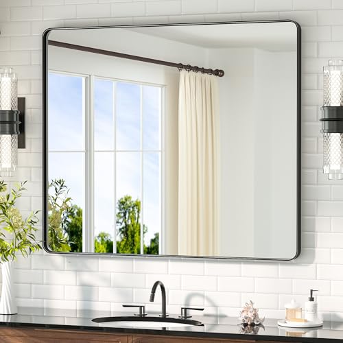 Image of TETOTE 42 x 36 Black Bathroom Mirror Matte Black Metal Framed Vanity Mirror, Tempered Glass, Wall Mounted for Bathroom, Entryway, Bedroom, Living Room(Horizontal /Vertical)